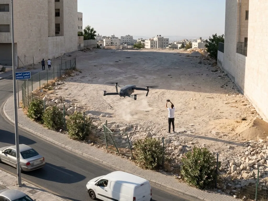 Illustrative camera frame of a drone lifting near a site