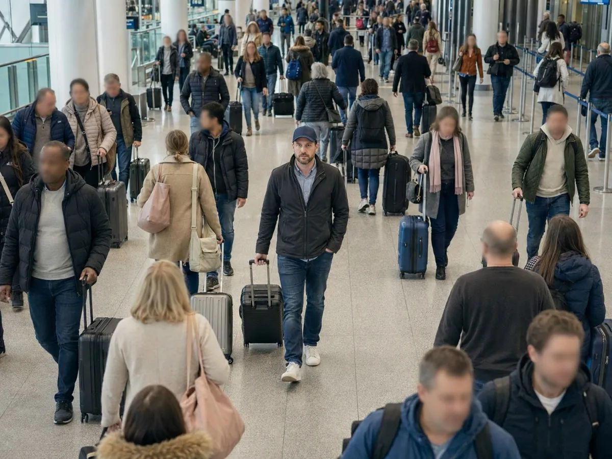 A dense airport concourse in Dublin where one traveler in a navy cap walks sharp and in focus while every surrounding face carries a software privacy blur.