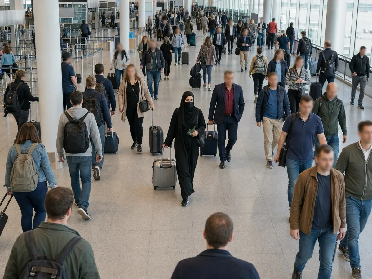A woman in a black abaya, hijab and lower-face veil walks through a busy airport concourse in focus, while the faces of the travelers around her are blurred.