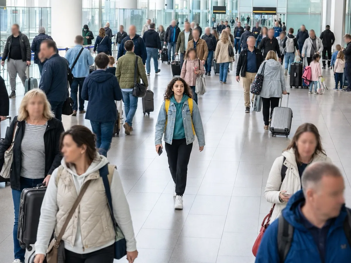 A teenage girl in a teal hoodie under a denim jacket, yellow backpack straps over her shoulders, walks calmly through an arrivals concourse, sharp against the blurred faces around her.