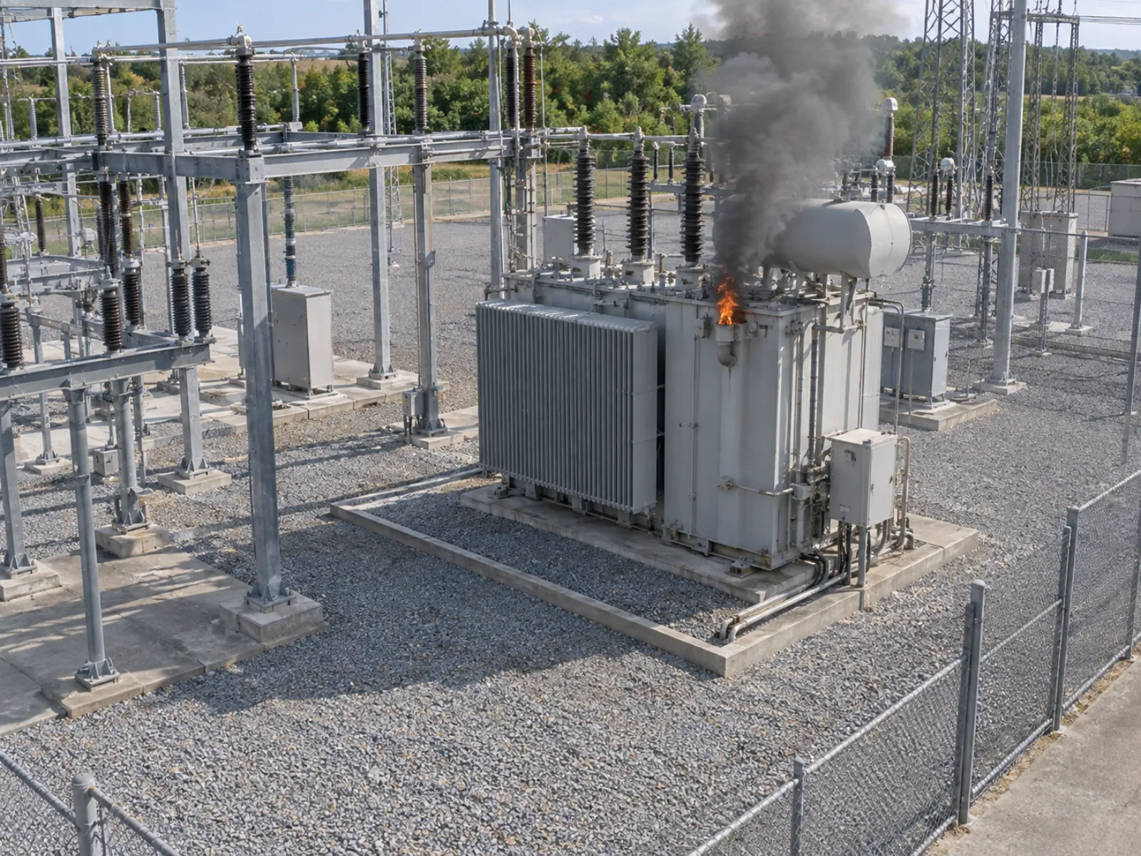 Synthetic fixed-camera view of a small flame and dark smoke at an outdoor substation transformer