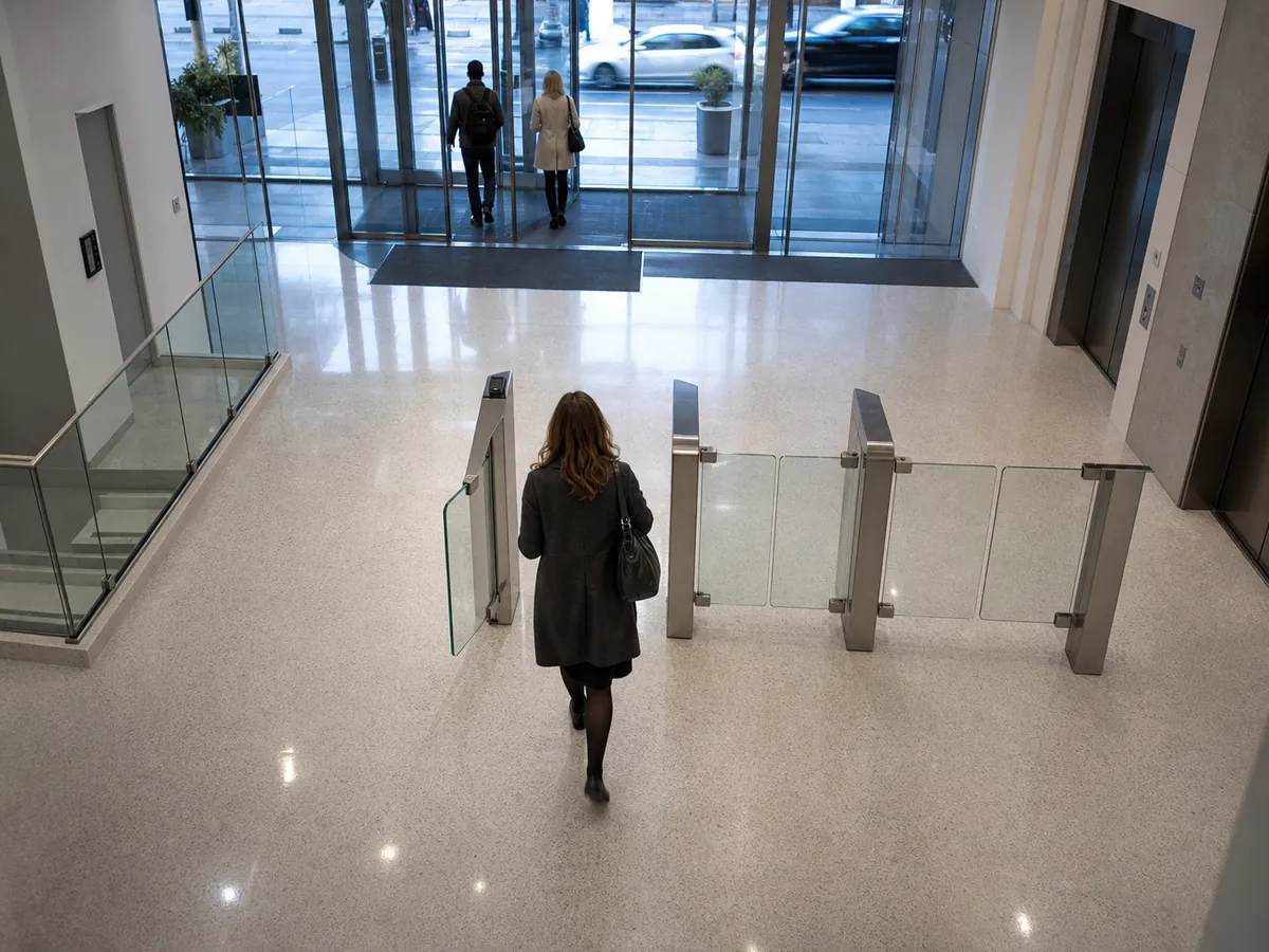A building lobby from a ceiling camera: a woman in a dark coat walks toward a line of glass speed gates, the small face reader on the near pedestal facing the open lane ahead of her.