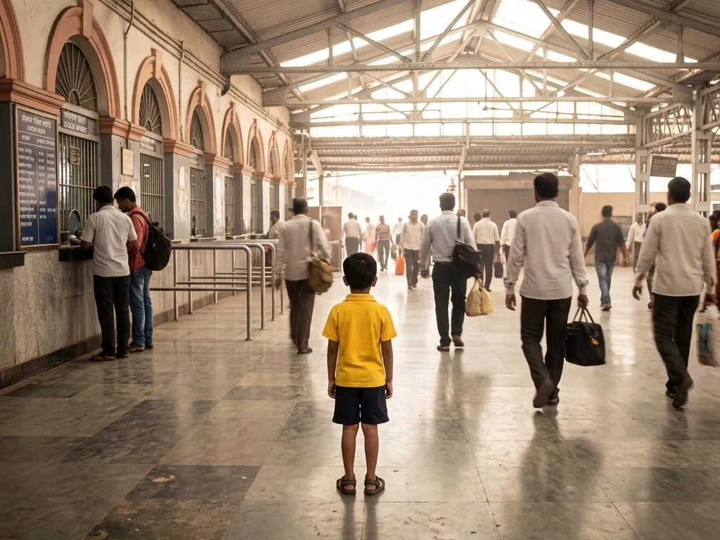 A small boy in a bright-yellow shirt stands alone and still on a Mumbai railway-station concourse, seen only from behind, as adults walk past him.