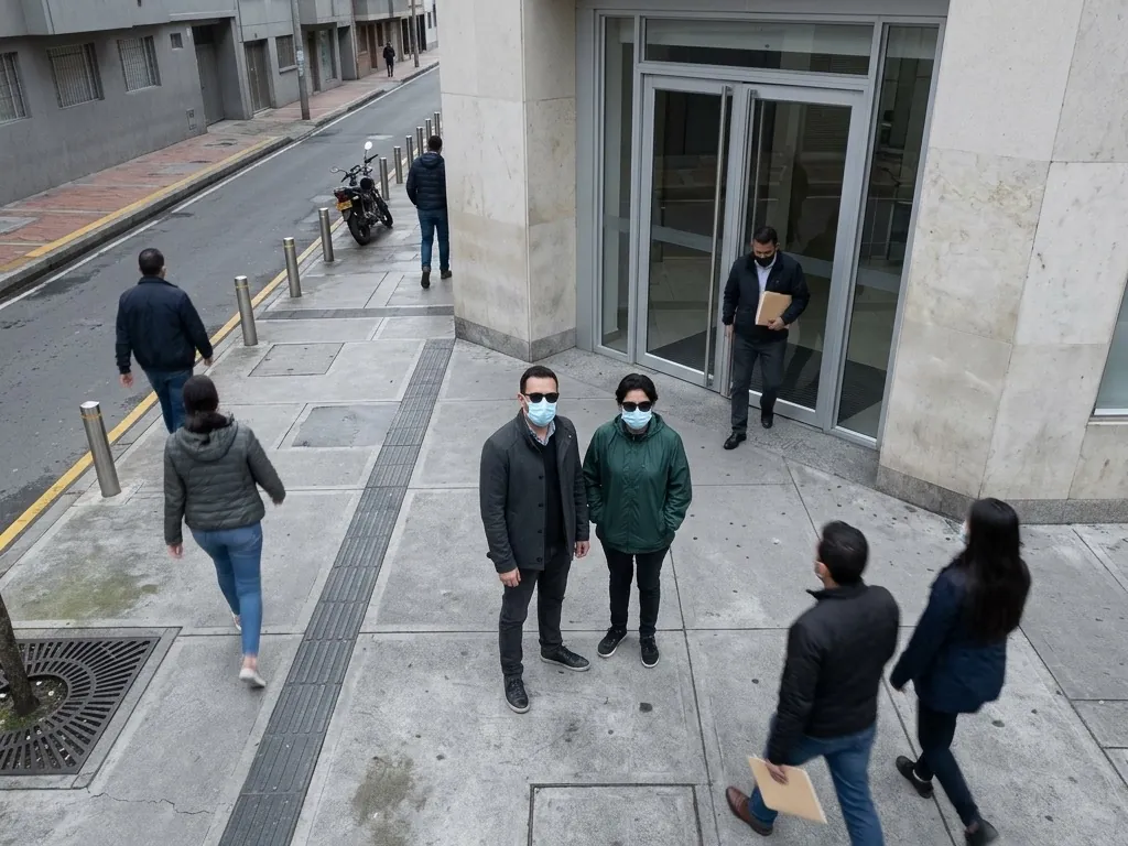 Two adults stand near the doors of a bank branch in Bogotá, both wearing dark sunglasses and pale-blue medical masks.
