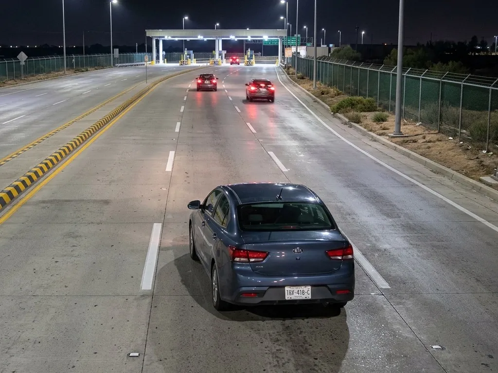 A dark-blue Kia sedan rolls toward a US border-crossing inspection canopy at night, its rear Mexican plate legible above the bumper.