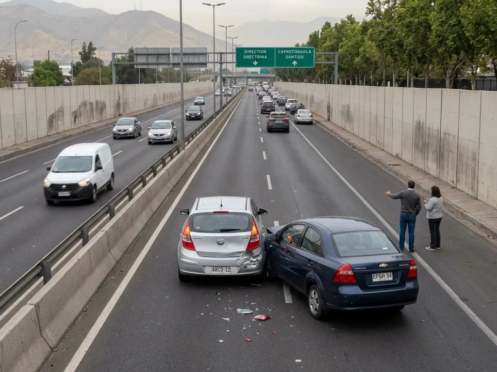 Two cars stand stopped in the inside lane of a Santiago highway after a minor rear-end collision, hazard lights on, with two adults standing clear on the shoulder.