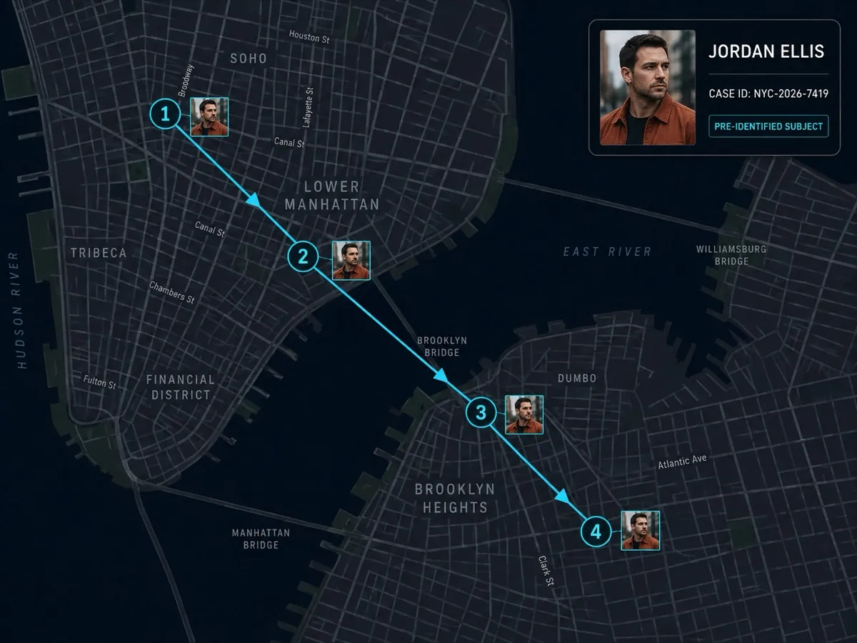 A dark street map of Lower Manhattan and Brooklyn with four numbered detections of one subject joined by arrows, each waypoint carrying its own event thumbnail and a card at the side with a portrait and a case reference.