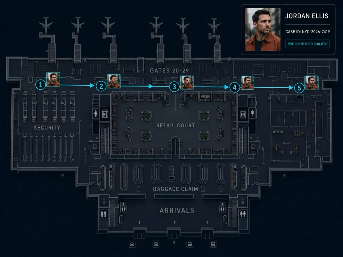 A dark architectural floor plan of an airport terminal, with five numbered detections of one subject crossing the gate concourse from left to right joined by arrows and a card at the side with a portrait and a case reference.