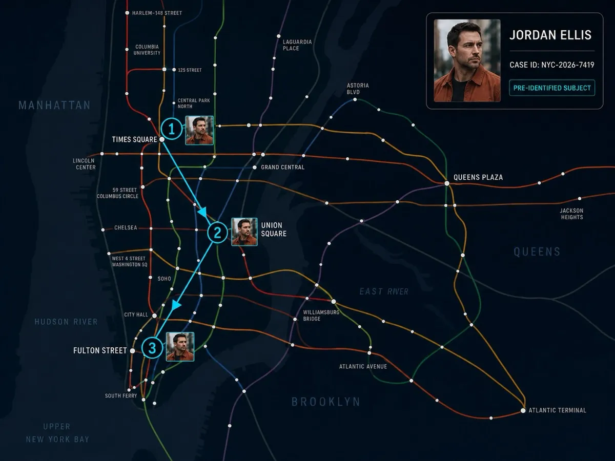 A dark rapid-transit diagram of New York with three numbered detections of one subject at Times Square, Union Square and Fulton Street, joined by a cyan path running south and a card at the side carrying a portrait and a case reference.