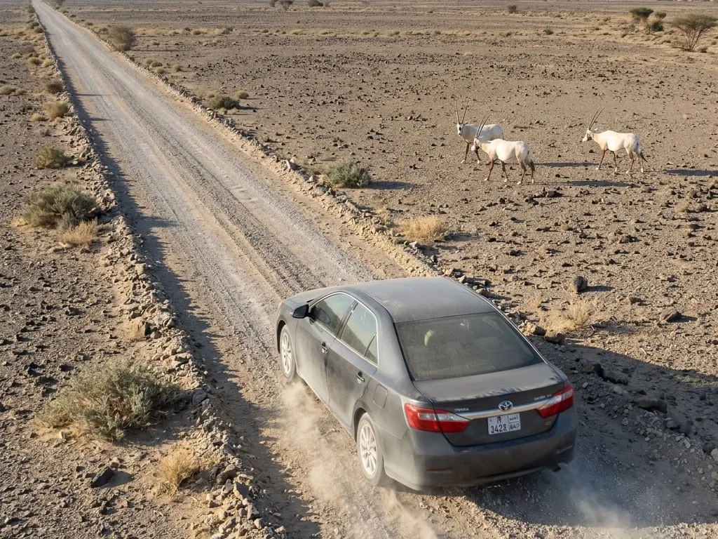 A dust-covered dark gray sedan drives along a graded gravel track across an Omani desert plain, three Arabian oryx standing well beyond it, its small rear plate angled away from the camera.