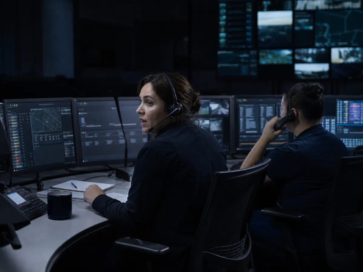 Two dispatchers at a lit console in a darkened operations room at night, the nearer one turning from her screen toward her colleague, who is already reaching for a handset.