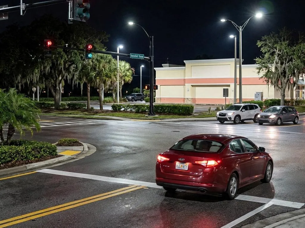 A red sedan crosses the stop bar of a wet Florida intersection at night while the overhead signal shows red, its rear plate lit and legible from a mast-arm camera.