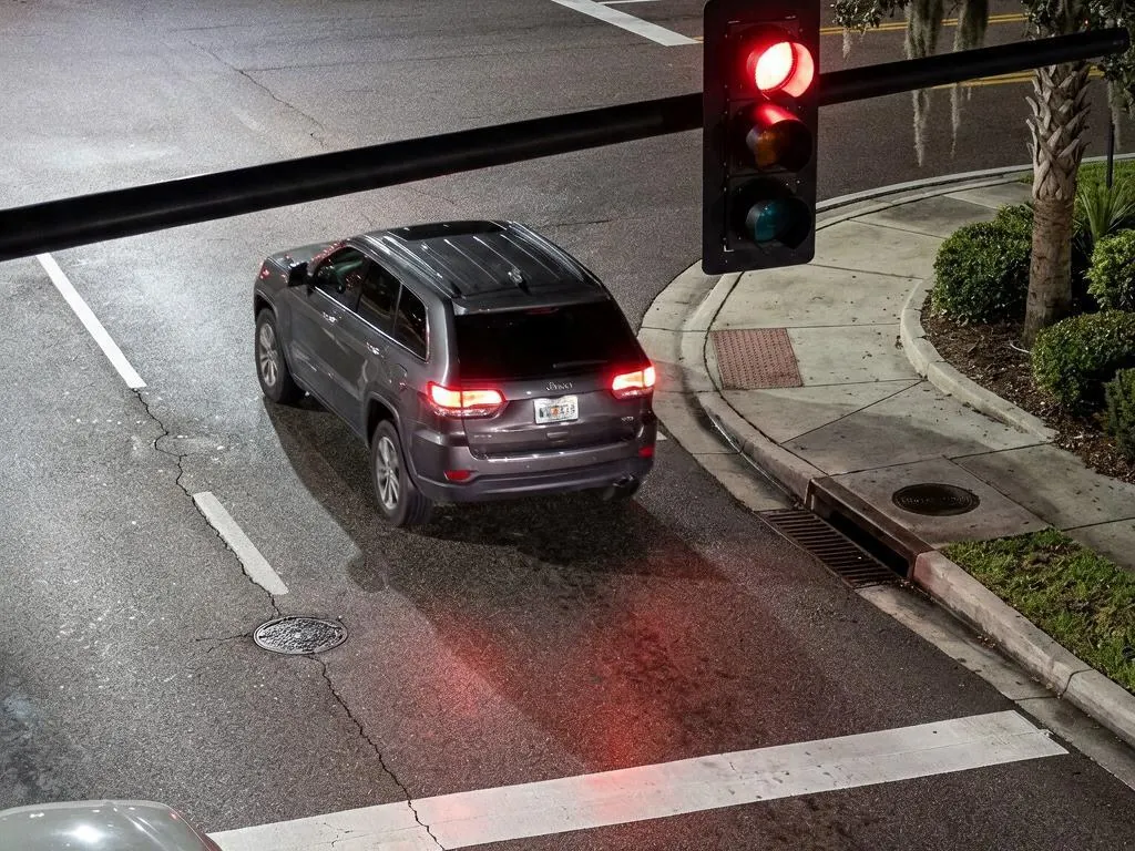 A dark gray SUV crosses the stop bar with its brake lights off while the overhead signal shows red, its rear plate the sharpest element in the frame.