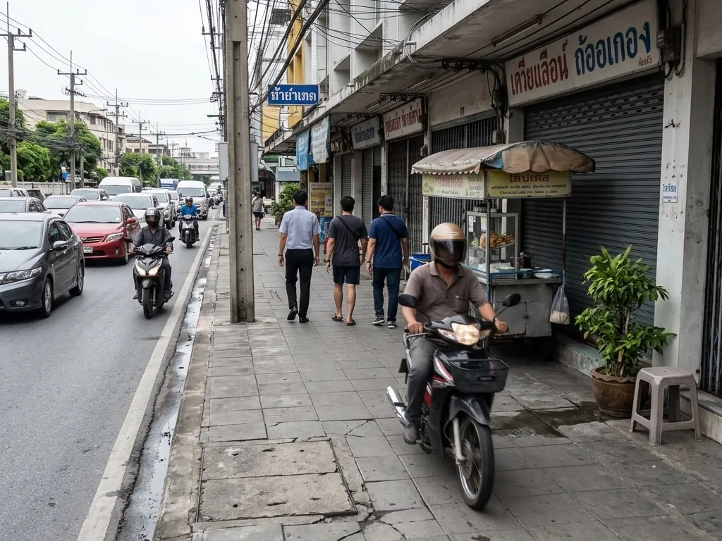 A small motorbike rides toward the camera along a Bangkok sidewalk, clearly on the paving slabs rather than the road, while four pedestrians step aside.