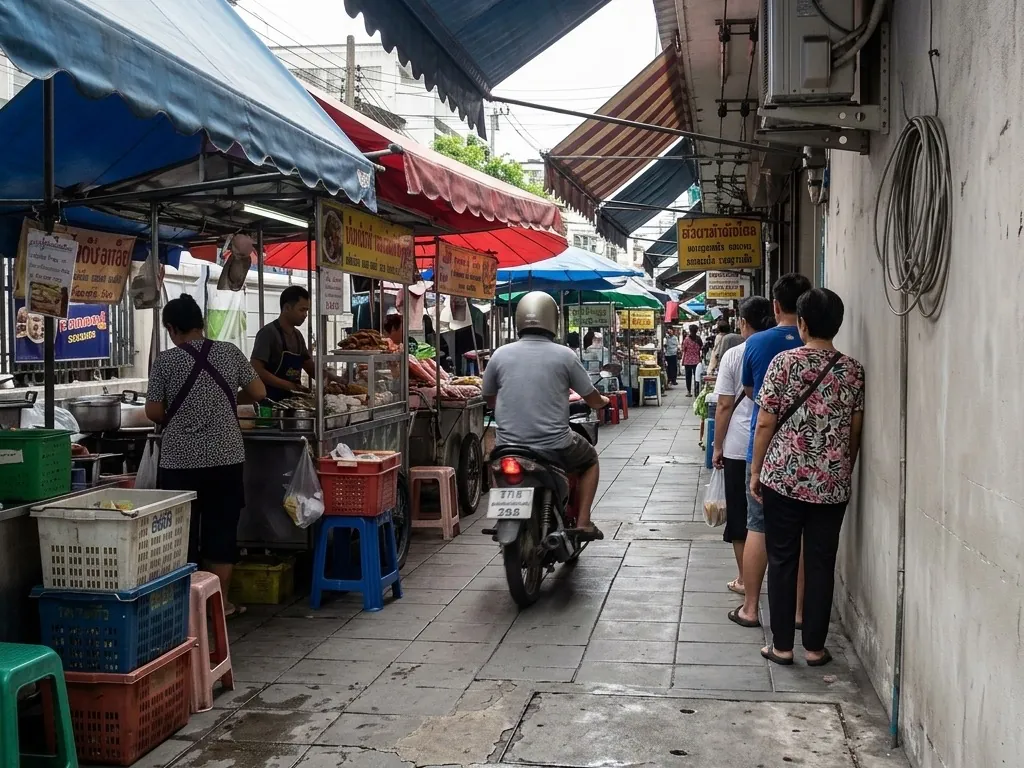 A small motorbike threads along the narrow strip of sidewalk left between market stall awnings and a wall in Bangkok, seen from behind, its two-line rear plate small in the frame.