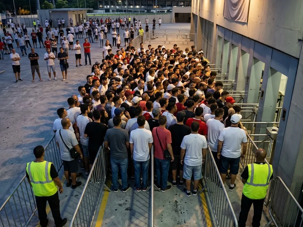 Supporters packed shoulder to shoulder against a stadium turnstile line in São Paulo, the crowd thinning further back, everyone standing and facing the turnstiles.