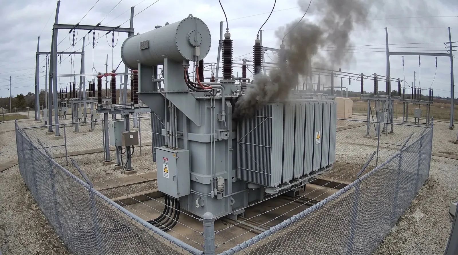 Synthetic fixed-camera view of dense smoke rising from an outdoor electrical substation transformer