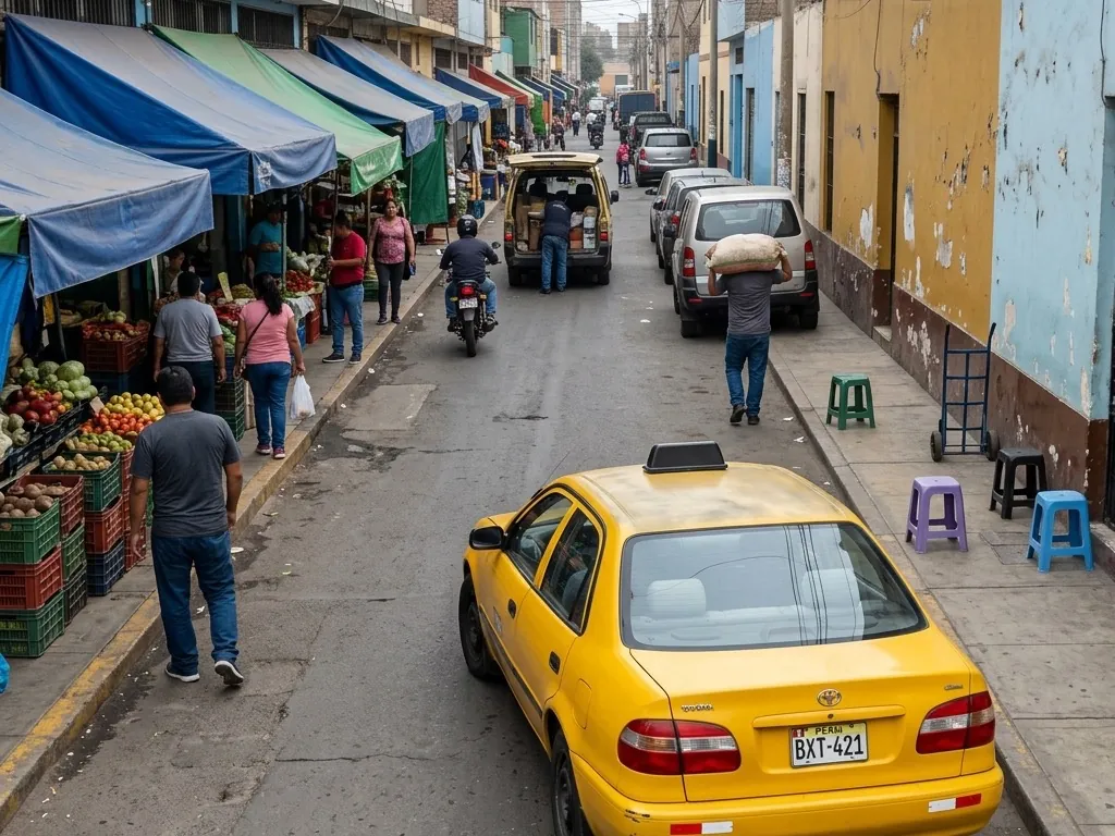 A yellow sedan taxi stands at the curb of a busy Lima market street, seen from above and behind, its rear plate clearly readable.