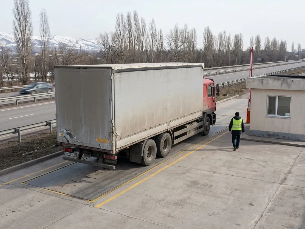 A curtain-side truck with a red cab stands on the weighbridge of an Almaty ring-road weigh station, seen from above and behind, a high-visibility-vested worker walking toward the office.