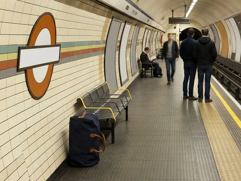 A dark navy duffel bag stands alone against the end of a bench on a London Underground platform, with clear floor on every side of it.