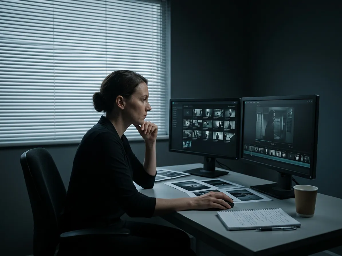 An investigator alone at a desk in gray morning light, working back through recorded video on two monitors, printed stills and a notebook spread out beside her.