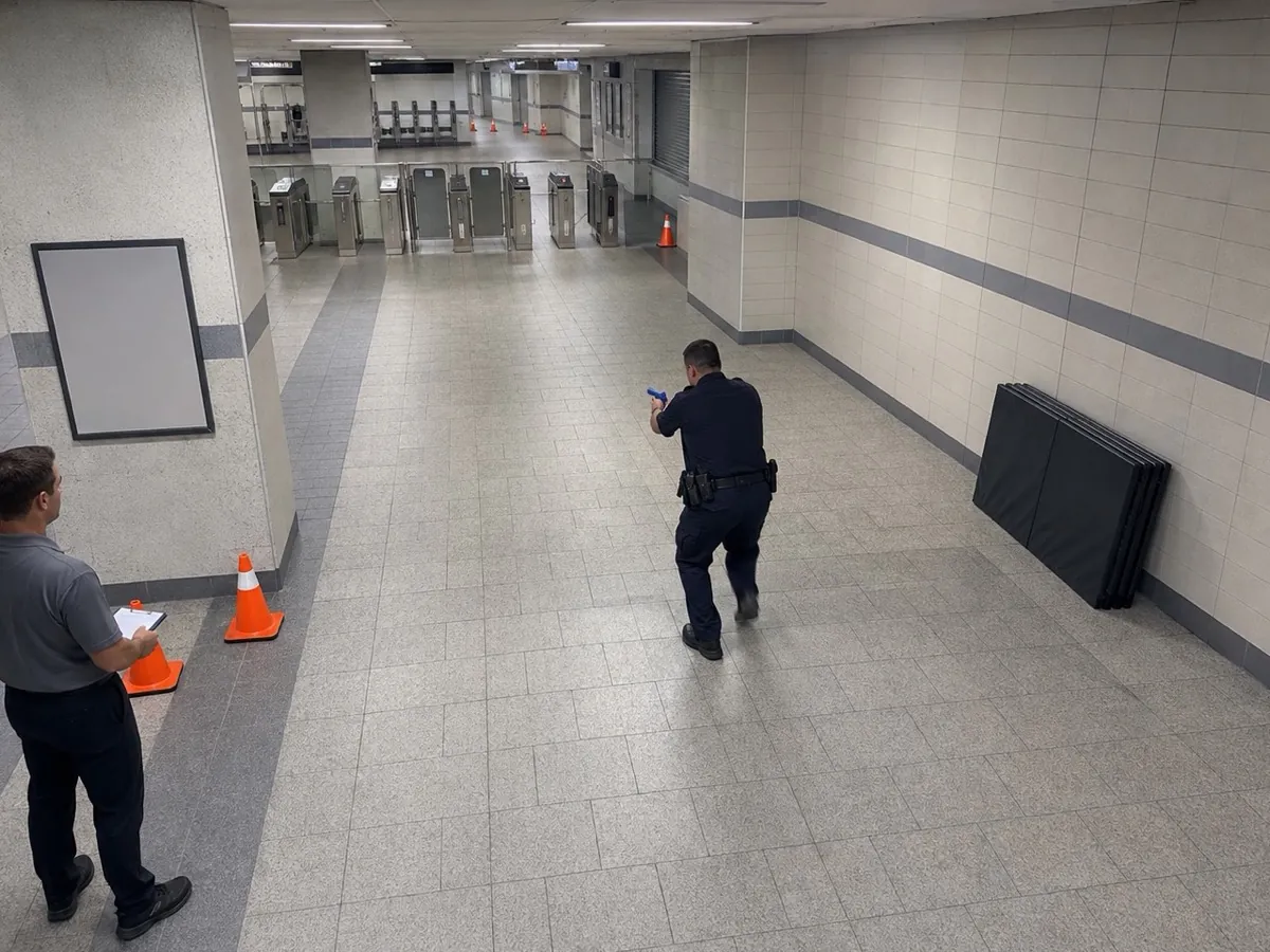 In a closed transit concourse, an officer in unmarked dark uniform moves along a tiled wall in a two-handed low-ready stance holding a bright blue inert training pistol, while an instructor watches from behind traffic cones.