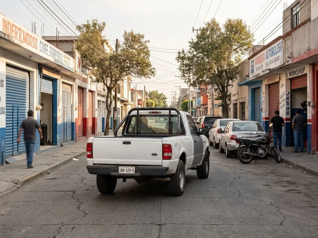 A white single-cab pickup truck stands in the middle of a Guadalajara side street lined with shuttered workshops, seen from behind, its rear plate clearly readable.